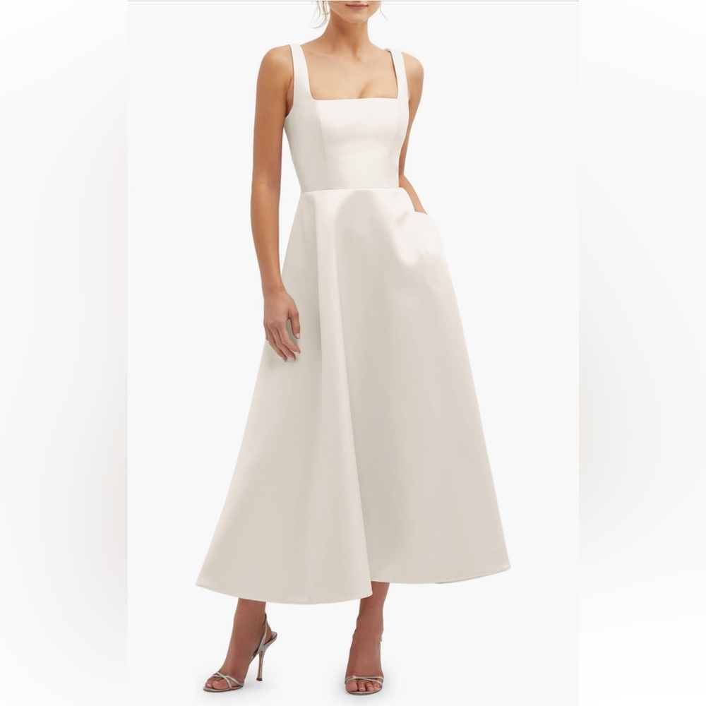 Dessy Collection Square Neck Sateen Midi Gown, Size 10 in Ivory